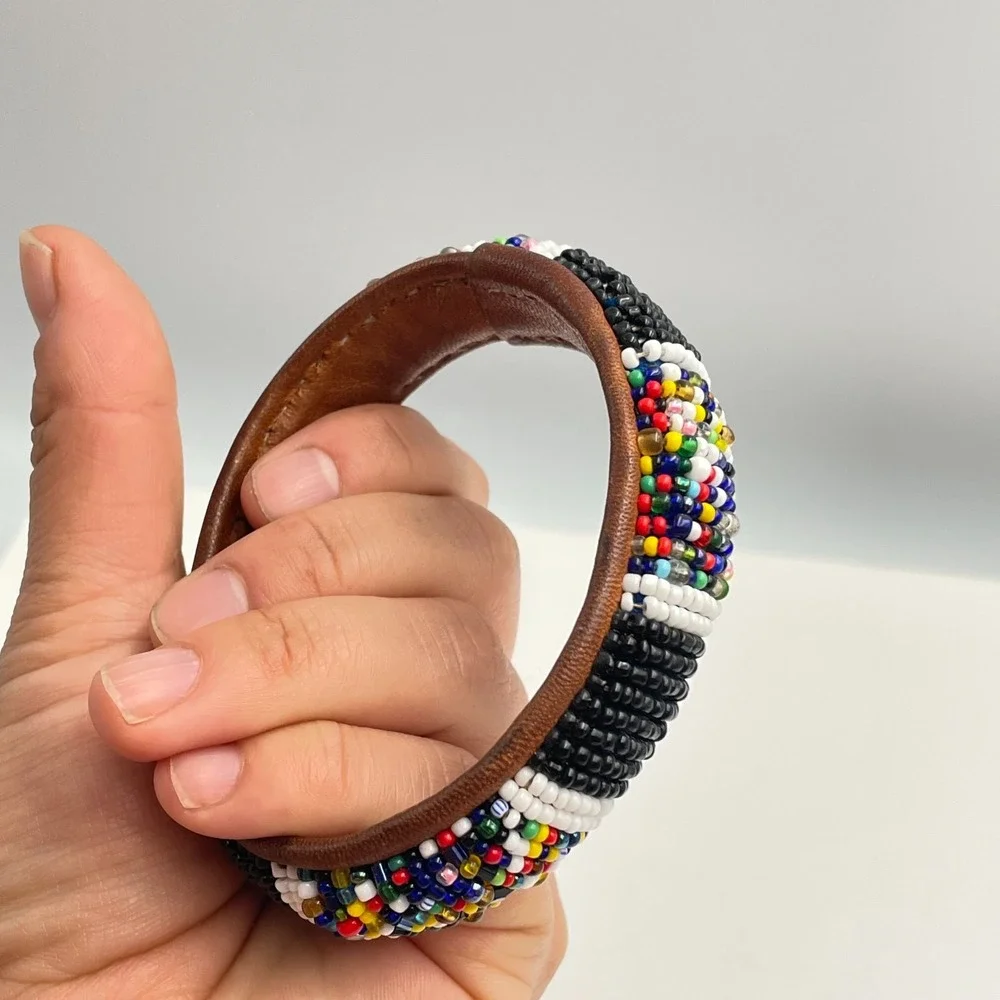 Vintage 90s Glass Bead Leather Bangle Bracelet Boho Tribal Fashion Jewelry Retro